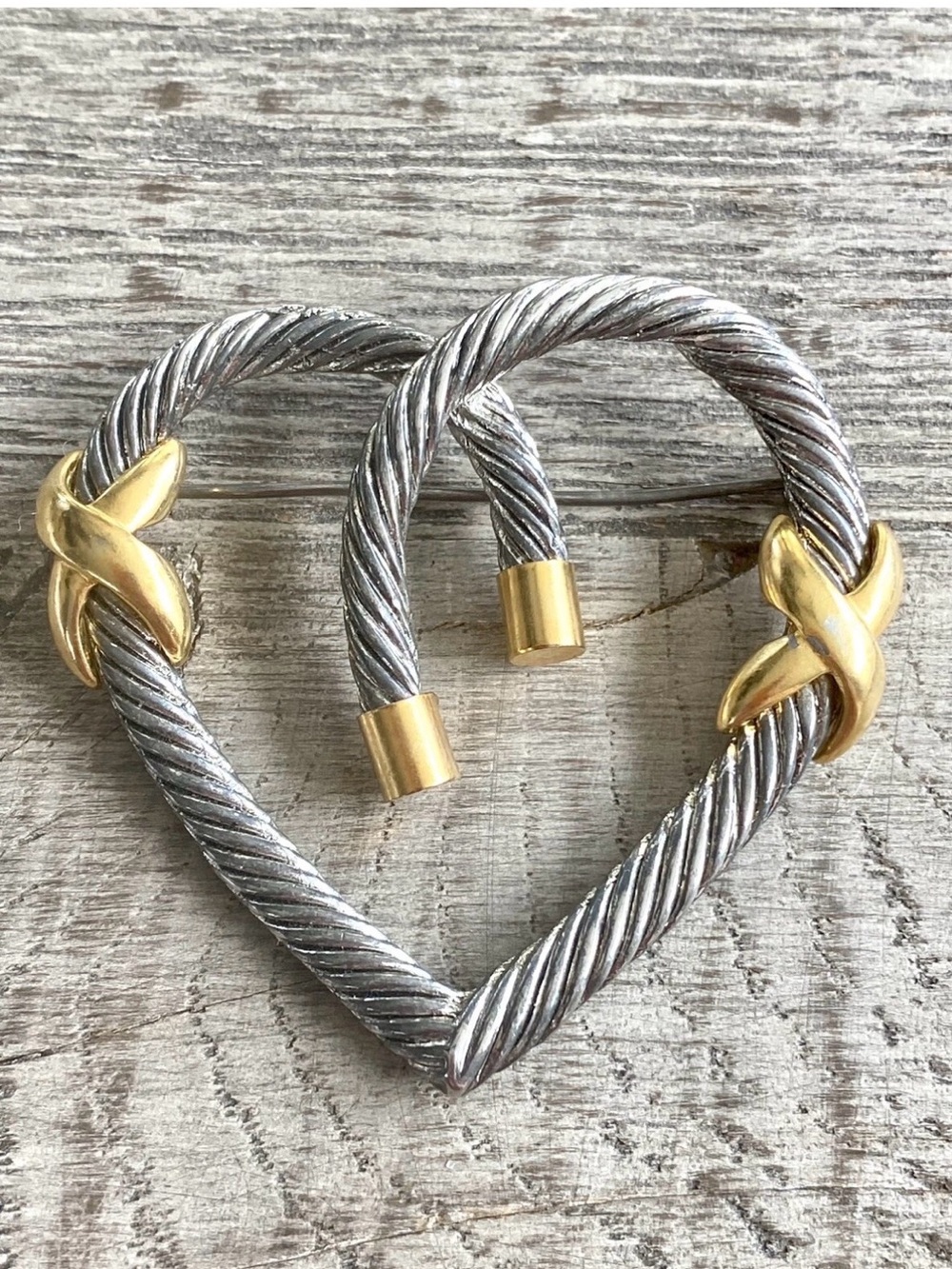 Vtg 80’s Heart Cord Rope X Silver Gold Chunky Brooch Pin Collectible Heavyweight